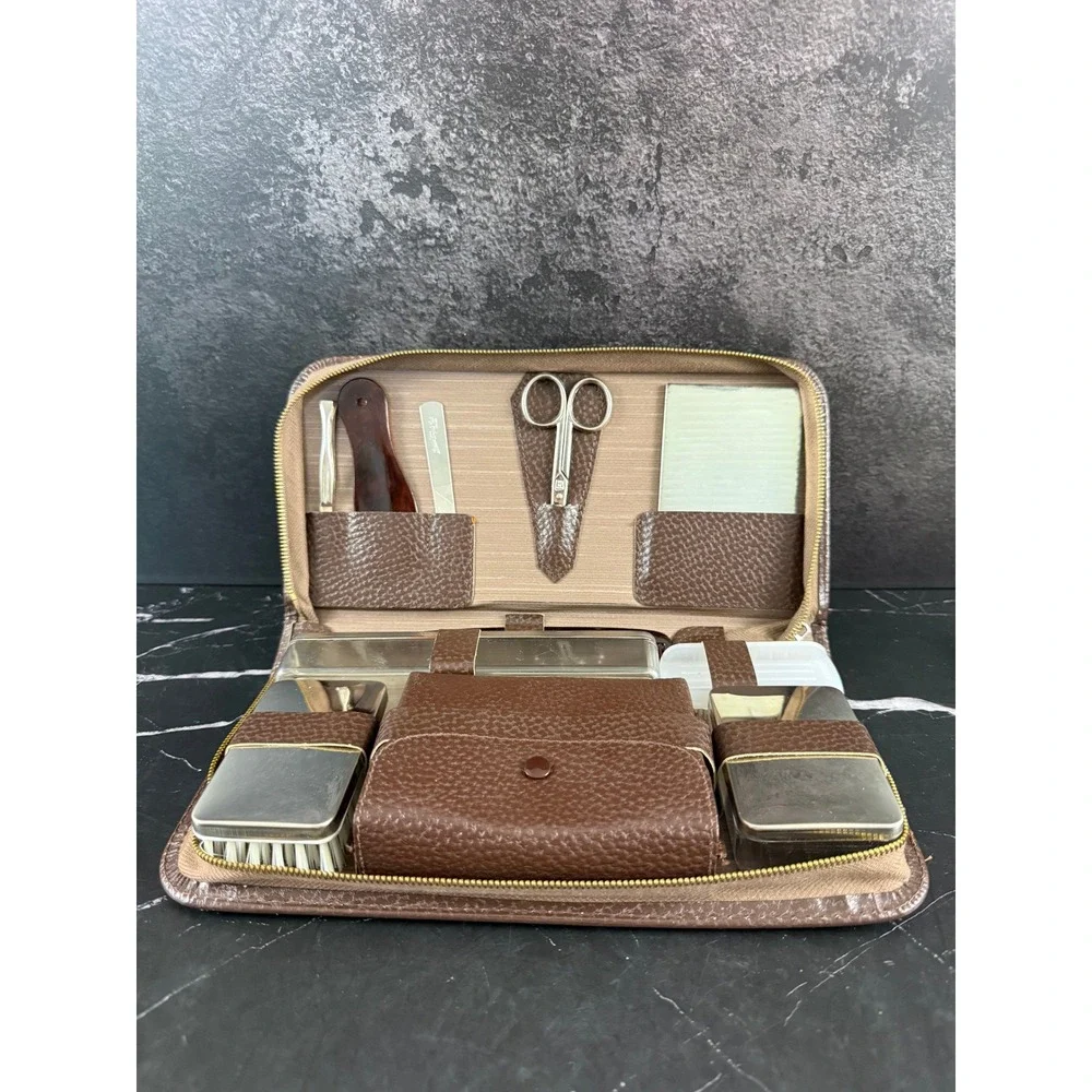 VTG NEW Brown Leather Trimmed Mens Grooming Manicure Set Made in Germany